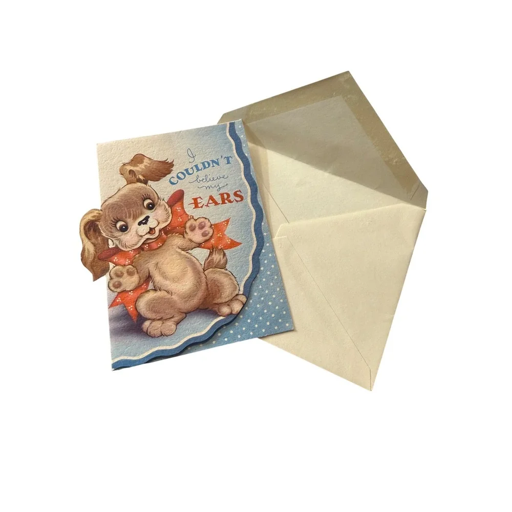 Vintage Puppy Get Well Card Die Cut Retro Polka Dot Blue Red